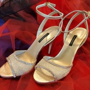 Caparro gold and Rhinestone ankle strap pumps